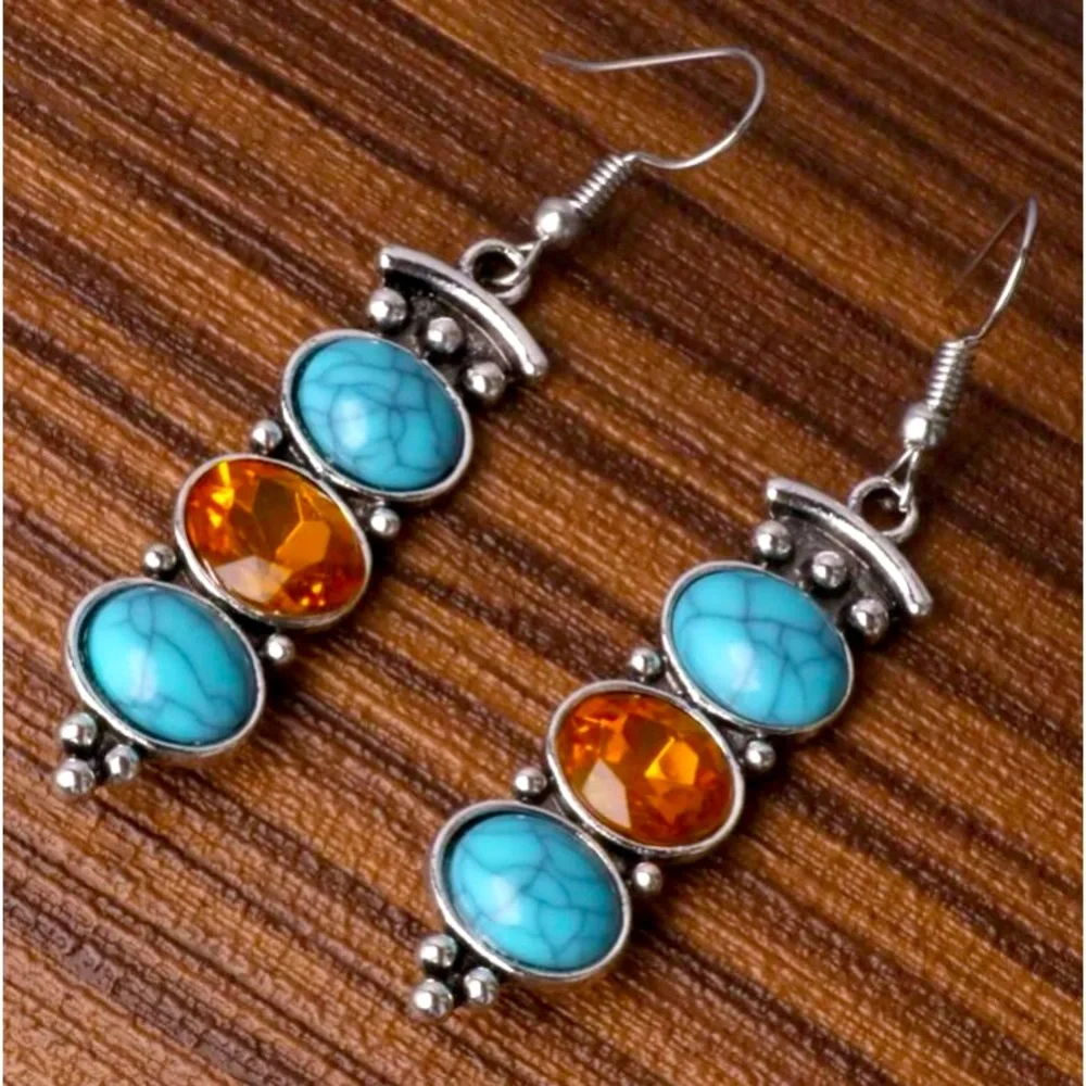 Bohemian Chic Southwestern Turquoise, Amber, Vintage Silver Dangle DropE… - Picture 2 of 4